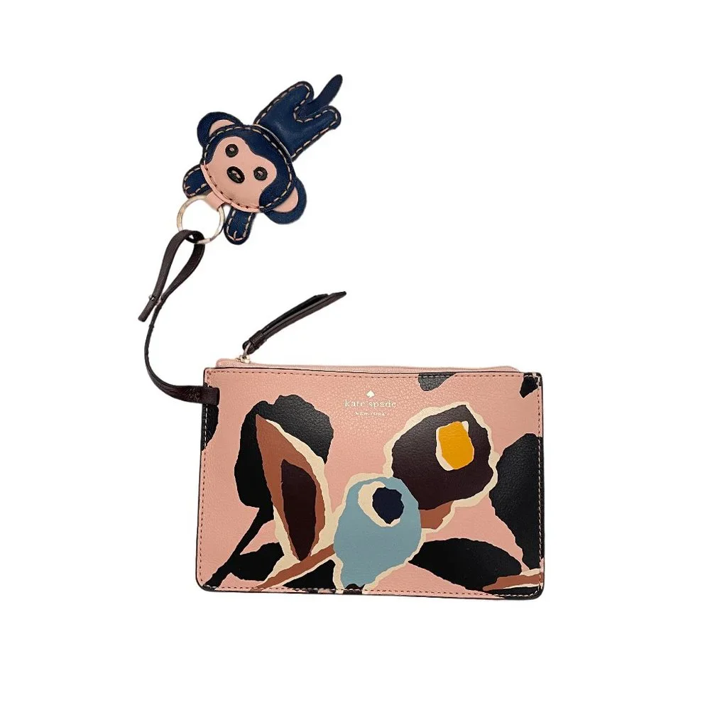 COPY - Kate Spade Abstract Zip leater Pouch w 3D Monkey key chain - Picture 1 of 11